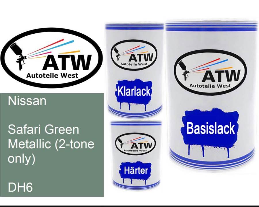 Nissan, Safari Green Metallic (2-tone only), DH6: 500ml Lackdose + 500ml Klarlack + 250ml Härter - Set, von ATW Autoteile West.